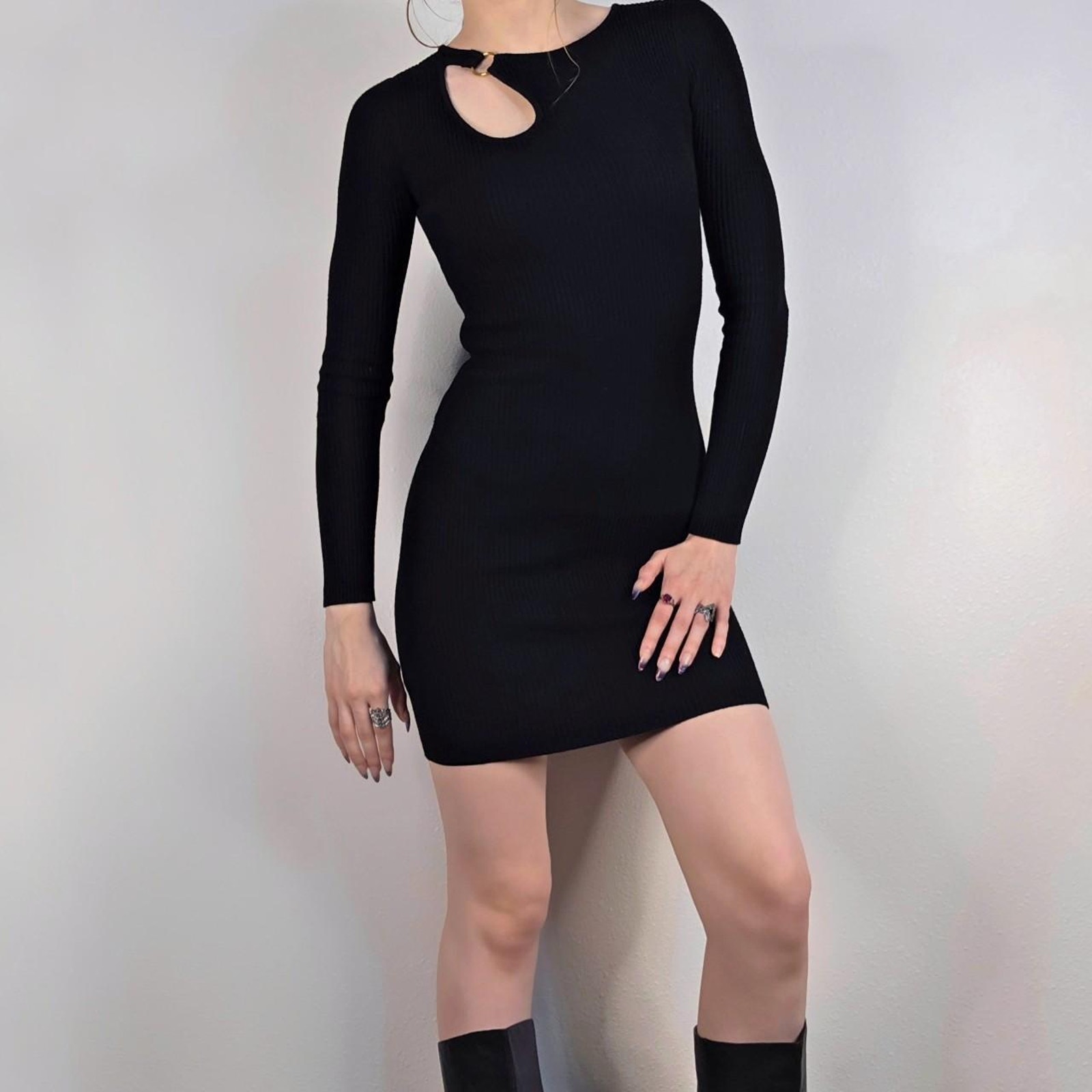 Black Ribbed Bodycon Mini Dress Cut Out Ring Detail Small Derek Heart